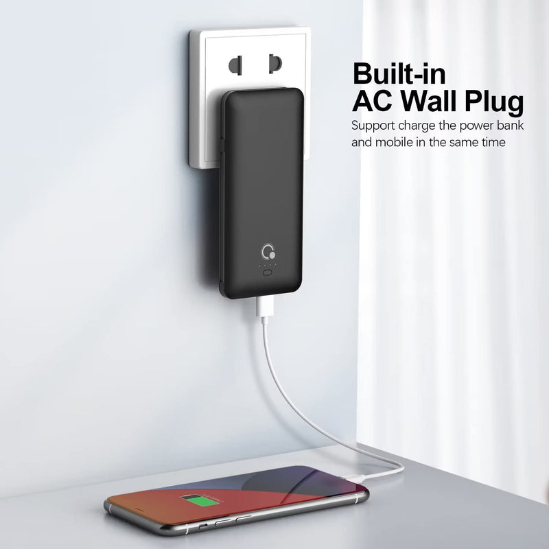 [AUSTRALIA] - Brand Q 10000mAh Power Bank, Slim Portable Charger,4 Output External Battery Pack with Built-in AC Wall Plug Micro USB C Three Cables Compatible with Different Kinds of Mobilephone black
