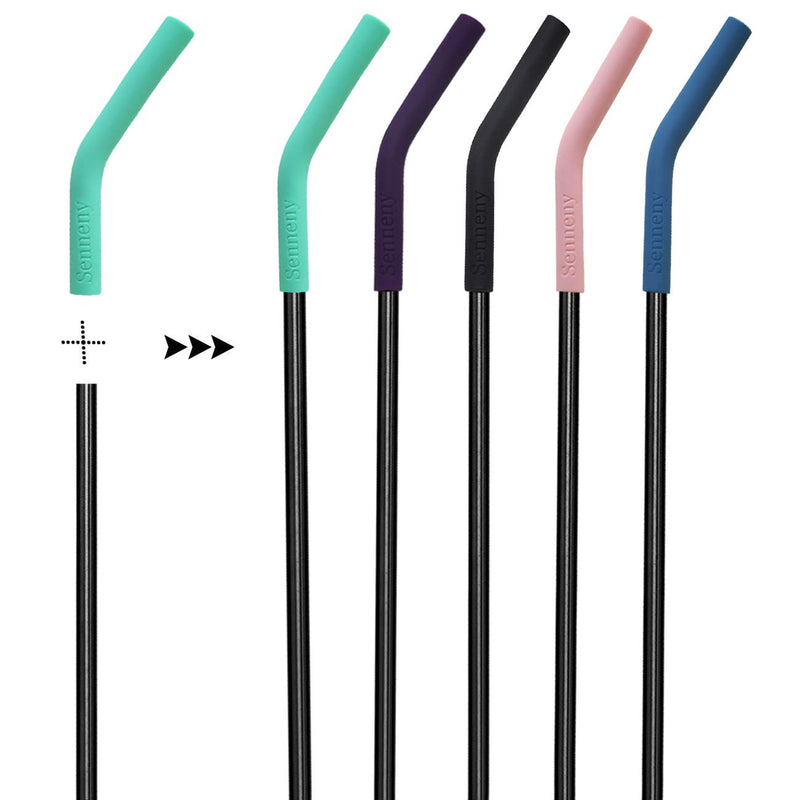  [AUSTRALIA] - Senneny Set of 5 Stainless Steel Straws with Silicone Flex Tips Elbows Cover, 2 Cleaning Brushes and 1 Portable Bag Included (6mm diameter, Black) 6mm diameter