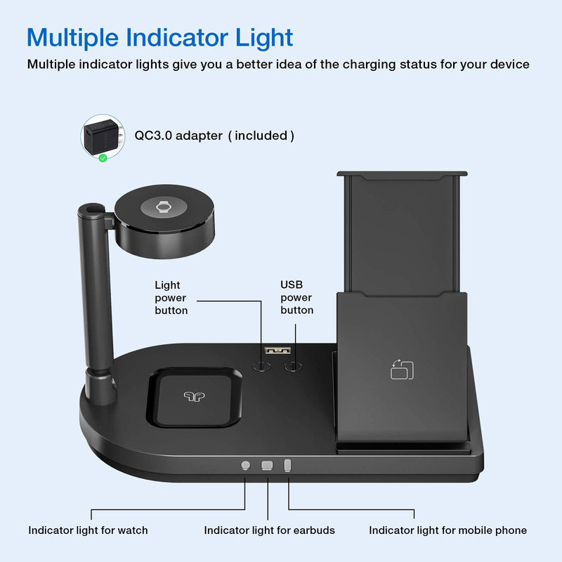  [AUSTRALIA] - Wireless Charger, Earteana 4 in 1 Wireless Charging Station Compatible with Samsung Galaxy Z Flip3/ S20/S10/Note7,Galaxy Buds,GS4/Watch Active,Support Qi-Enabled Phones,Foldable with Night Lamp Black