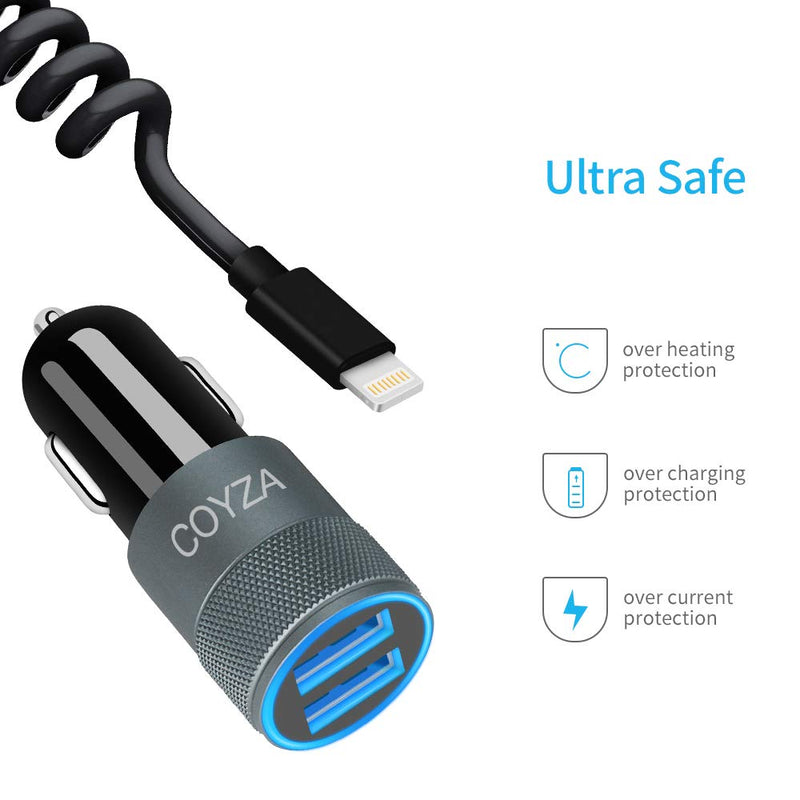  [AUSTRALIA] - COYZA Fast Car Charger Adapter, Compatible with iPhone 13/12/11/Pro Max/Pro/Mini/X/XS/XS MAX/XR/SE 2020/8 Plus/8/7 Plus/7/6s/6/5/SE, 3.1A Dual USB Ports with Coiled Charging Cable Cord Black