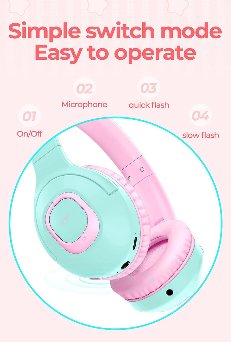  [AUSTRALIA] - E5 Kids Wireless Headphones with Microphone, Bluetooth 5.0 Over Ear Wireless Kids Headphones with Volume Control 85dB/93dB, 40H Playtime,Sharing Function,for School/iPad/Tablet/Boys/Girls Mint Powder
