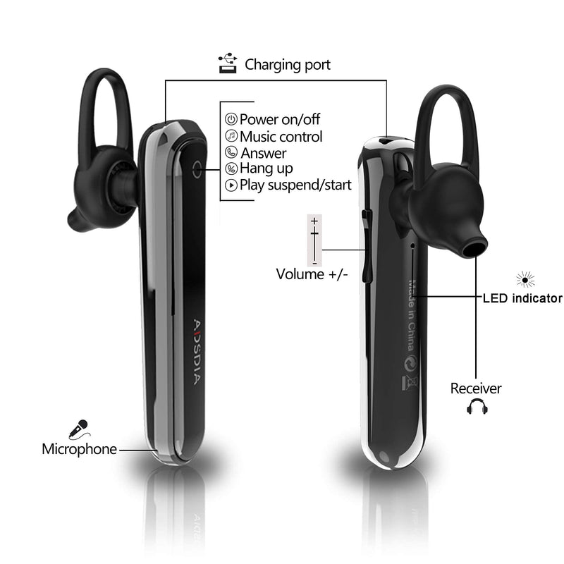 Bluetooth Earpiece V4.2 Built in Mic Wireless Headphones Handsfree Headset Noise Cancelling IPX5 Waterproof & Hands Free Calling Compatible with iOS Android Phone, ADSDIA Deep Bass for Sport Driving Deep Black - LeoForward Australia
