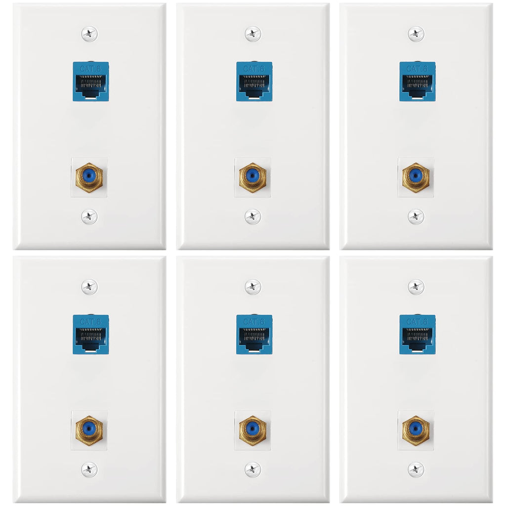  [AUSTRALIA] - 6 Pieces Ethernet Coax Wall Plates Outlet Ethernet Wall Jack Cat6 Coax Wall Plate with Ethernet Port Female to Female Gold-Plated TV Coax Cable and F-Type Port for Satellite and TV (Blue) Blue