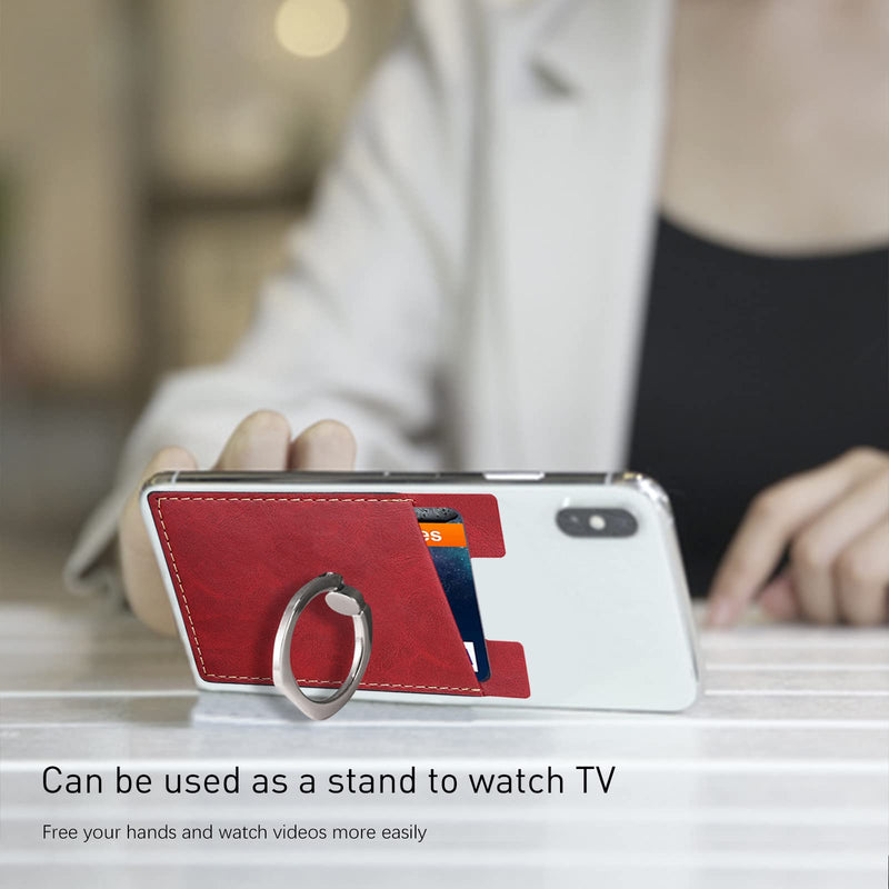  [AUSTRALIA] - Phone Card Holder with Phone Ring, Ring Wallets Combine a Finger Grip, Phone Ring Stand & Credit Card Sleeve into Thin Phone Wallets Stick On Universal to Any Cell Phone - Red Leather