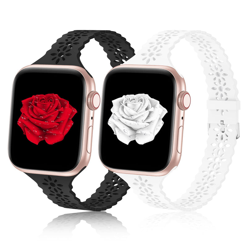  [AUSTRALIA] - Seizehe 2 Pack Lace Slim Silicone Bands Compatible With Apple Watch Bands 38mm 40mm 41mm 42mm 44mm 45mm for Women, Breathable Soft Hollowed-Out Silicone Replacement Strap for iWatch Series 7 6 5 4 3 2 1 SE Black/White 38mm/40mm/41mm