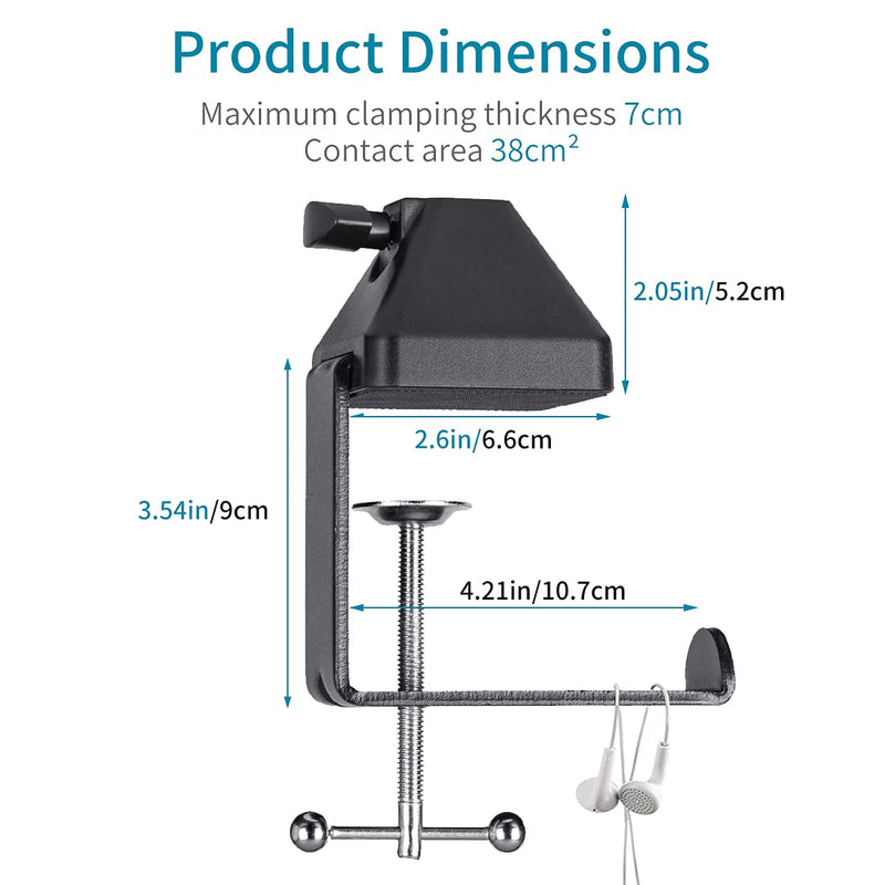  [AUSTRALIA] - novonest Heavy-duty Metal Table Mounting Clamp,Black Large-area Contact Base for Microphone Suspension Boom Scissor Arm Stand Holder,Max Clamping Thickness 2.75"/70mm,with Headset Hook Hanger,NB35-B Upgraded Base