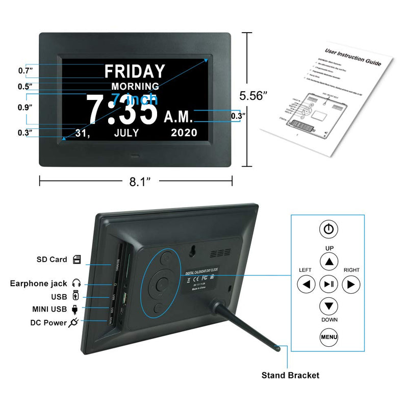  [AUSTRALIA] - 7 INCH Day Date Dementia Clock Auto-Dimming 12 Alarm Reminders Extra Large Non-Abbreviated Day & Month 12/24 Hours Display Digital Calendar Clocks for Seniors Elderly Vision Impaired Memory Loss 7 Inch Black