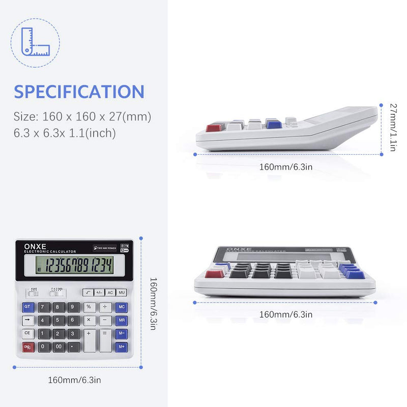  [AUSTRALIA] - Calculator, ONXE Standard Function Scientific Electronics Desktop Calculators, Dual Power, Big Button 12 Digit Large LCD Display, Handheld for Daily and Basic Office (White)