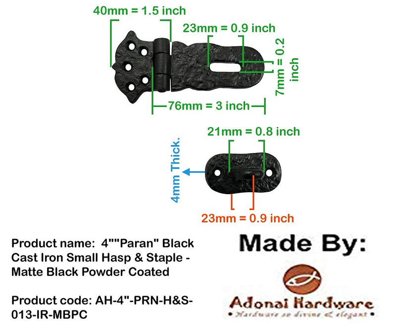  [AUSTRALIA] - Adonai Hardware"Paran" Heavy Duty Antique Cast Iron Safety Locking Hasp and Staple(4" x 2 Pack, Matte Black) for Vintage Pirates Treasure Chest, Trunks, Wooden Jewelry Box, Cases, Furniture and Sheds 4 Inch x 2 Pack Matte Black Powder Coated
