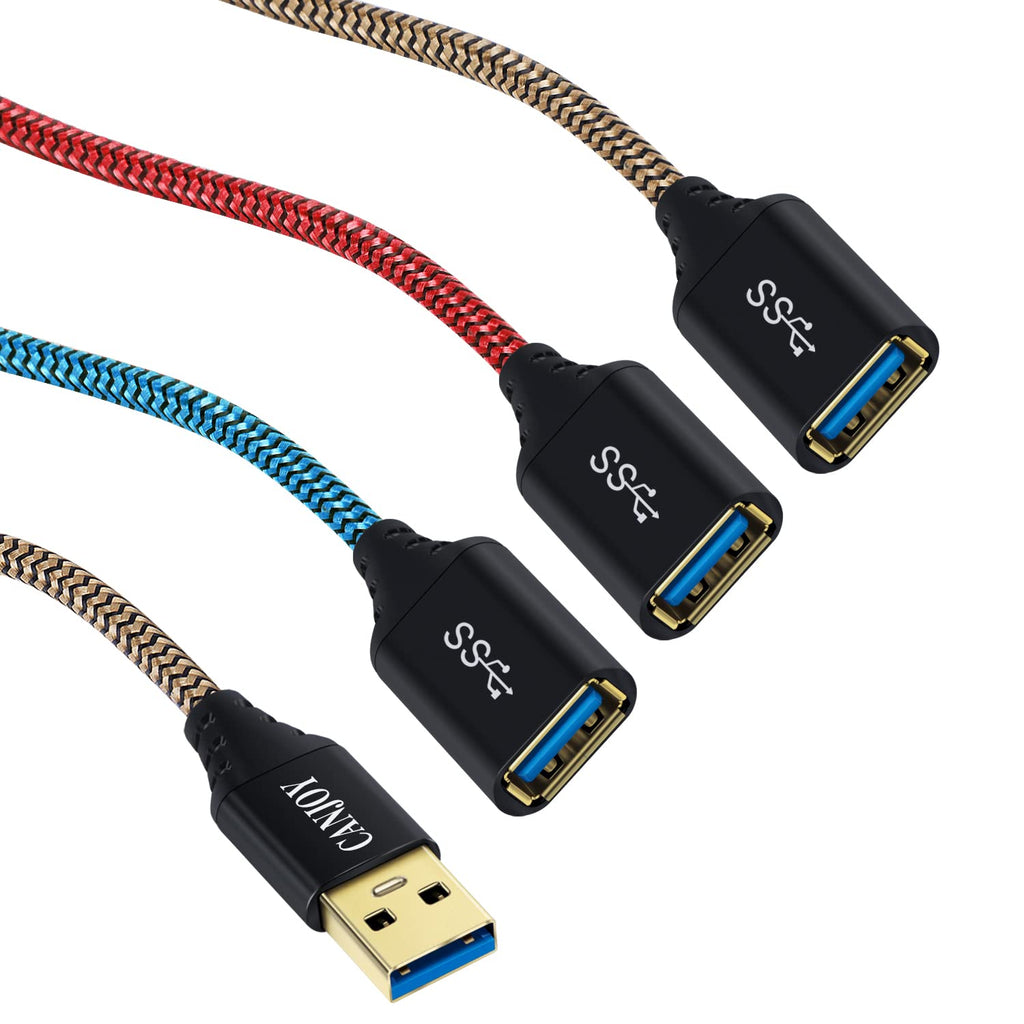  [AUSTRALIA] - USB Extension, Canjoy 3 Pack 6.6ft USB 3.0 Extension Cable Braided USB Extender Cord A Male to A Female Fast Data Transfer Compatible Oculus VR,PS4,Xbox,Mouse,Keyboard,Printer,Scanner-Red Gold Blue