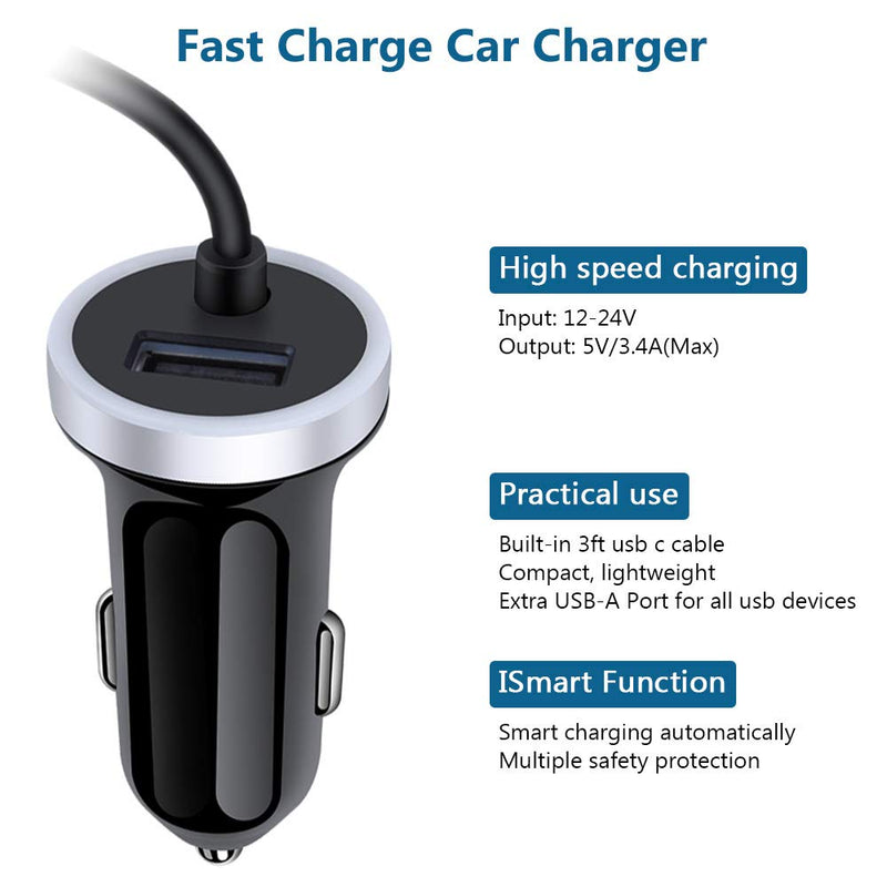  [AUSTRALIA] - USB C Car Charger, 3.4A Fast Charging Car Adapter+3ft Type C Cable for Samsung Galaxy S21 S20 S10 Note 20 10 A10E A20 A50 A51 A01 A71 A11, LG Stylo 6/5/4 G8 G7 V60 ThinQ Moto G8 G7 Google Pixel 4 3a