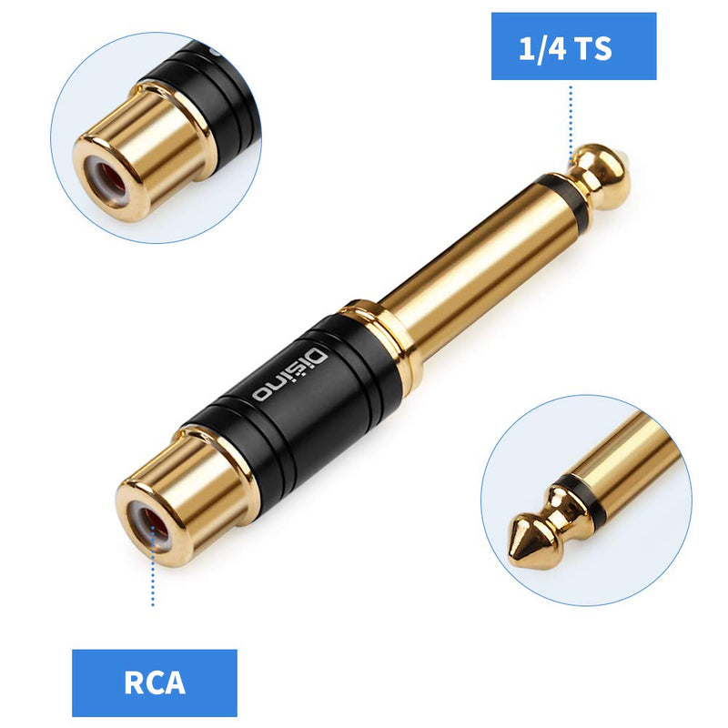  [AUSTRALIA] - Disino RCA to 1/4" Adapter, New Upgrade Quarter Inch Male Jack to RCA Female Pure Copper Adapters, RCA Female to 6.35mm TS Mono Plug Audio Connector - Black, 2 Pack 635TSM-RCAF-2P