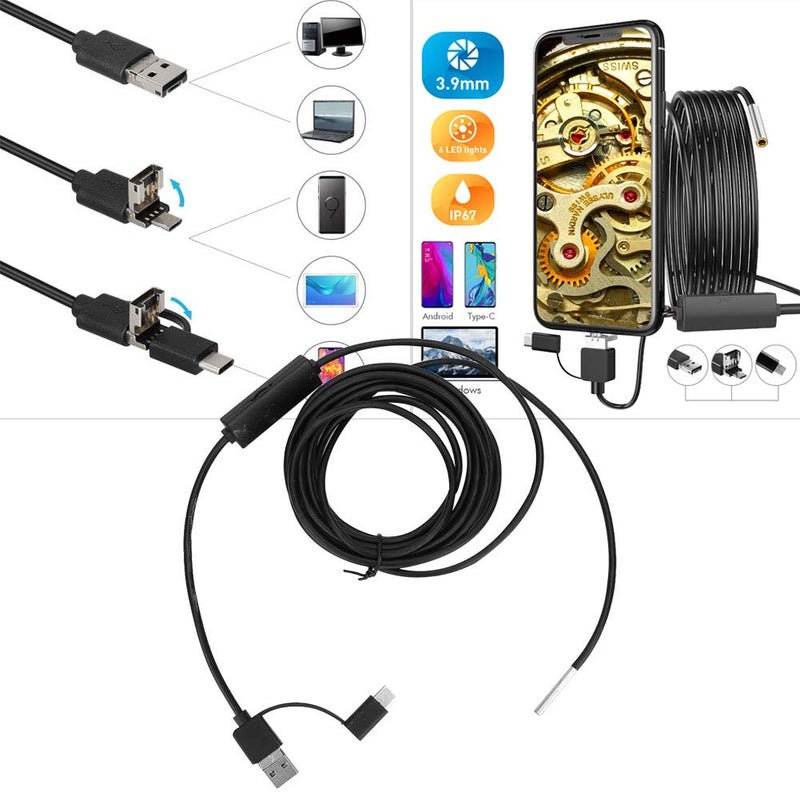  [AUSTRALIA] - BOROCO 3 in 1 USB Android Endoscope Waterproof Endoscope Type-C USB Mobile Phone 3.9mm Lens High Definition Snake Cable for Smartphone Tablet Device (1m)