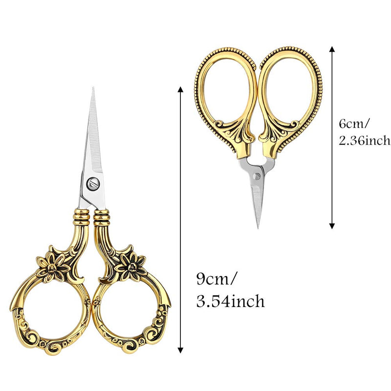  [AUSTRALIA] - 2 Pair Embroidery Scissors, Classic Daisy Design Scissors Sharp Tip Stainless Steel, Vintage Sewing Scissors DIY Tools Dressmaker Small Scissor for Fabric, Embroidery, Craft, Needlework (Golden)