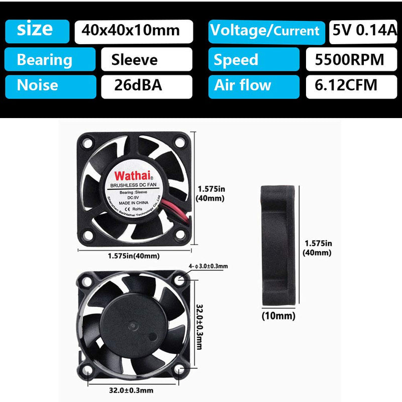  [AUSTRALIA] - 2 Packs Wathai 40mm x 40mm x 10mm 5V Brushless DC Cooling Case Fan