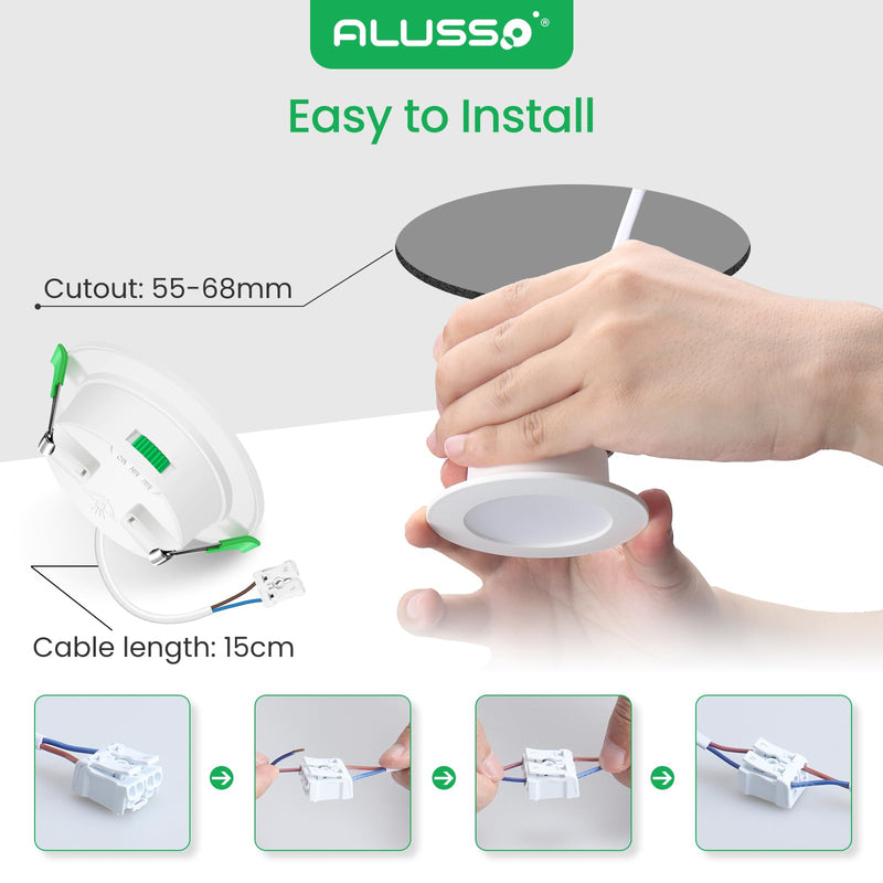  [AUSTRALIA] - ALUSSO LED recessed spotlight 230V 68mm dimmable, 4W spot ultra flat 310LM, IP44 bathroom recessed lights, warm white 3000K neutral white 4000K cool white 6500K ceiling spots for bathroom living room, set of 6 4w white, Ø55-68mm hole size