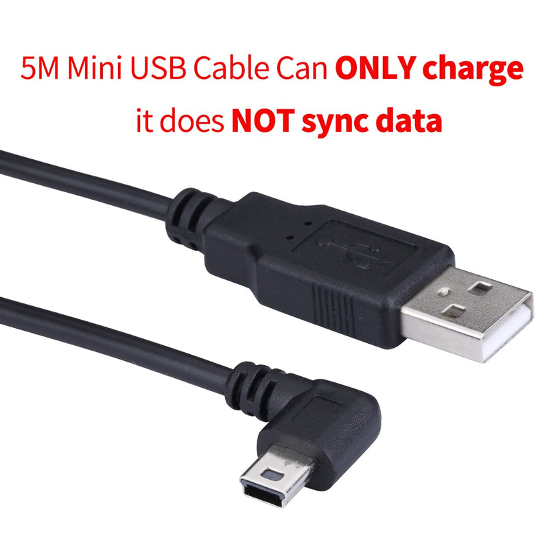  [AUSTRALIA] - LARRITS Extra Long 5M USB 2.0 to Mini USB Cable 90 Degree Left Angle Power Supply Charge Cord with 5pc Wiring Clips for Garmin nuvi GPS Car Dash Cam GPS Navigator DVR Camcorder Camera 5M Left Angle
