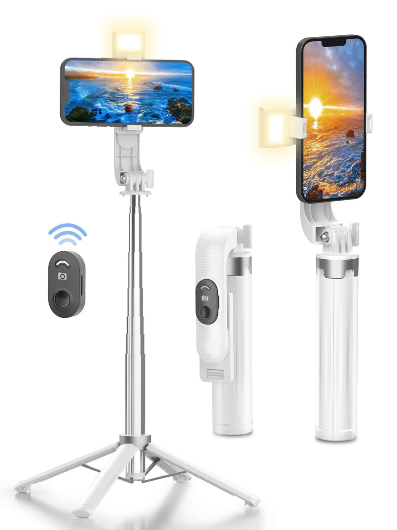  [AUSTRALIA] - Selfie Stick Tripod with Rechargeable Remote, Cell Phone Tripods with Detachable Light, Ultra Stable Quadrapod, for iPhone 14 13 12 pro Xs Max Xr X 8Plus 7, Android, Samsung Galaxy S22 S21 and More White