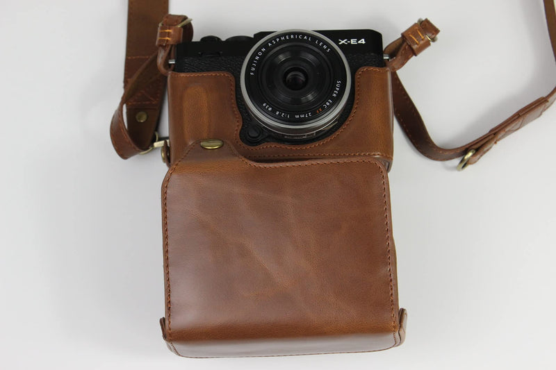  [AUSTRALIA] - X-E4 Case, BolinUS Handmade PU Leather Fullbody Camera Case Bag Cover for Fujifilm Fuji X-E4 XE4 XF 27mm Lens F2.8 Bottom Opening Version + Neck Strap + Mini Storage Bag (Coffee) Coffee