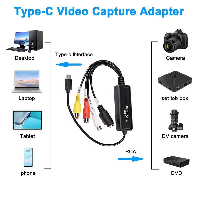  [AUSTRALIA] - XMSJSIY RCA AV to USB C Converter Video Capture Card Adapter 1 Channel AV NTSC PAL Video S Video/Composite to USB Converter Video Audio RCA for Mobile Phone/PC