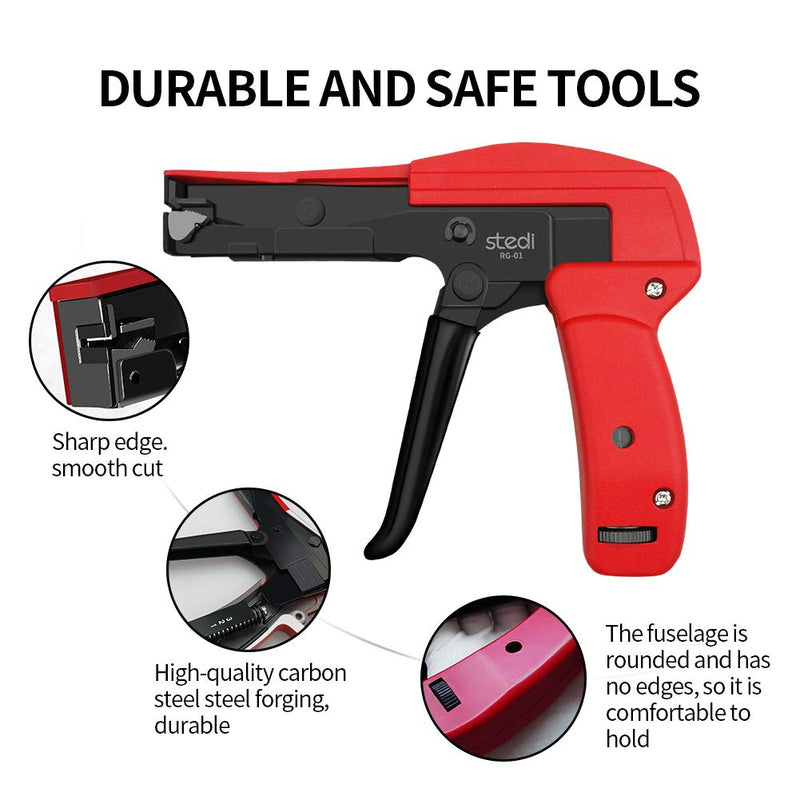  [AUSTRALIA] - stedi Cable Tie Gun, Ergonomic Hand Operated Zip Tie Gun [Premium], Sharp and Wear Resistant, Cable Wire Fastening and Cut-Off Tie Tool , Special for Cut Plastic Nylon Ties, Red, 6.3 Inches Length