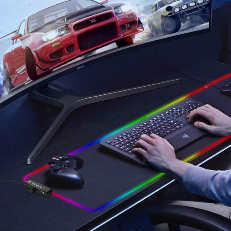 MoKo RGB Gaming Mouse Pad, Large Extended Glowing Led Mousepad with 15 Lighting Modes and USB 2.0 Port, Non-Slip Rubber Base Computer Keyboard Pad Mat for Gamer, 32.09 x 12 x 0.16 Inch - Black - LeoForward Australia