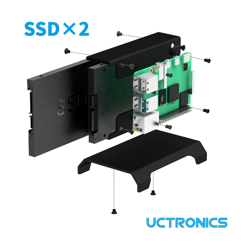  [AUSTRALIA] - UCTRONICS for Raspberry Pi SSD Case, Pi NAS Metal Vertical Stand for Dual 2.5” SSDs and Raspberry Pi 4, 3B/3B+ and Other B Models