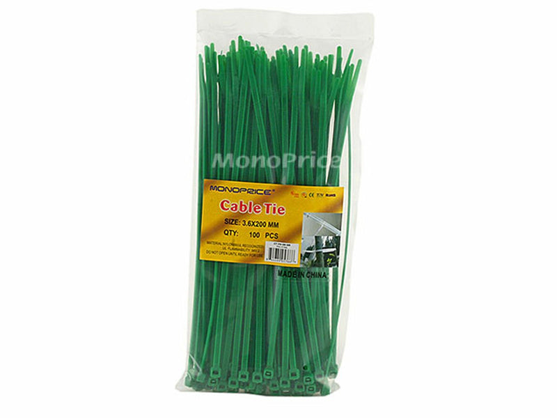  [AUSTRALIA] - Monoprice Cable Tie 8 inch 40LBS, 100pcs/Pack - Green 8in