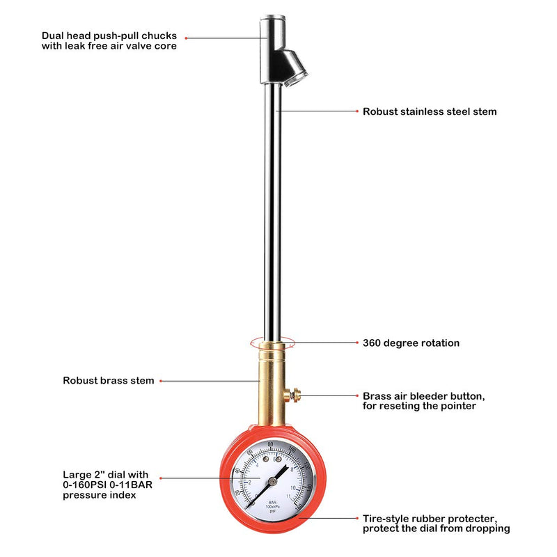 CZC AUTO Accurate Mechanical Tire Pressure Gauge, Straight on Foot Dual Head Truck Air Gage, Heavy Duty Dually Chucks 2" Large Dial Wheel Service Checker for Bus Car Motorcycle Bike, 0-160PSI 0-11bar - LeoForward Australia