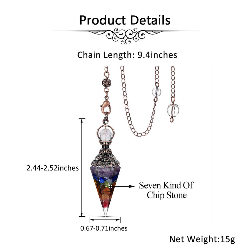  [AUSTRALIA] - Jovivi 7 Chakra Healing Crystal Pendulums for Dowsing Divination 6 Facted Hexagonal Pointed Cone Resin Chip Stones Reiki Wicca Spritual Gemstone Chakra Energy Pendant with Chain