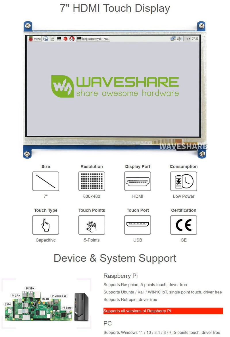  [AUSTRALIA] - [Latest Version] Waveshare 7inch HDMI Capacitive Touch LCD (B) Monitor Compatible with Raspberry Pi 4B/3B+/3A+/3B/2B/B+/A+/Zero CM3/3+/4* PC Supports Windows 11/10/8.1/ 8/7 7inch (B) V4.1