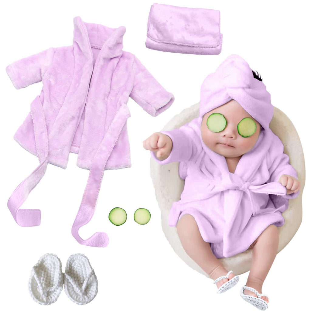  [AUSTRALIA] - SPOKKI Newborn Photography Props Baby Girl 5 PCS Bathrobes Bath Towel Outfit with Slippers Cucumber Photo Props for Infant Boys Girls(0-6 Months) (Purple) Purple