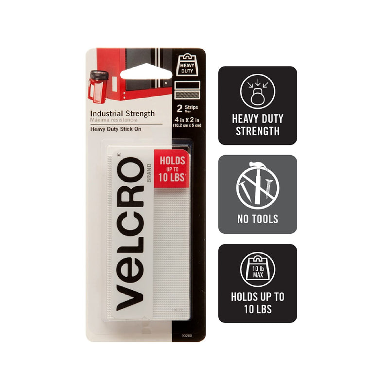  [AUSTRALIA] - VELCRO Brand Industrial Fasteners Stick-On Adhesive | Professional Grade Heavy Duty Strength Holds up to 10 lbs on Smooth Surfaces | Indoor Outdoor Use, 4in x 2in (2pk), Strips, 2 Sets, 90200 White 2Pk