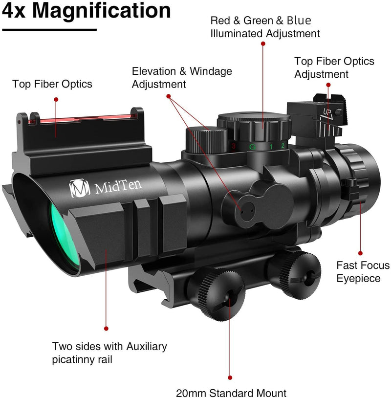  [AUSTRALIA] - MidTen 4x32 Tactical Rifle Scope Red & Green &Blue Illuminated Reticle Hunting Guns Scope with Mount for 20mm Rail and Fiber Optic Sight