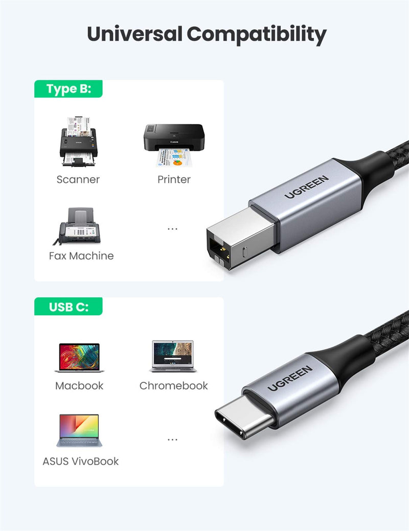 UGREEN USB C to USB B 2.0 Printer Cable Braided Printer Scanner Cord Compatible with Epson, MacBook Pro, HP, Canon, Brother, Samsung Printers and More 3FT - LeoForward Australia