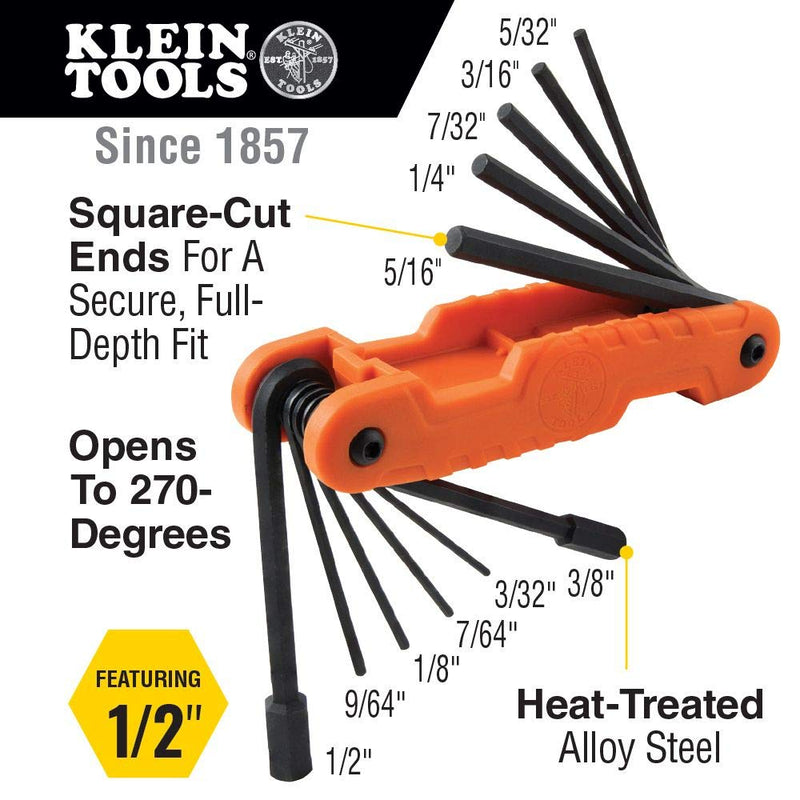 Klein Tools 70550 Hex Key Set, 11 SAE Sizes, Heavy Duty Folding Allen Wrench Tool with Extra Long Hex Keys Orange - LeoForward Australia