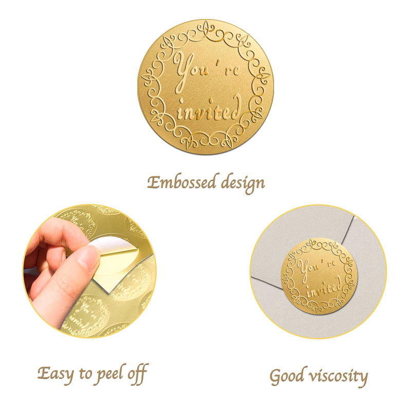  [AUSTRALIA] - 200PCS You're Invited Gold Round Embossed Foil Seals Stickers for Wedding Invitations Envelopes Present Decoration