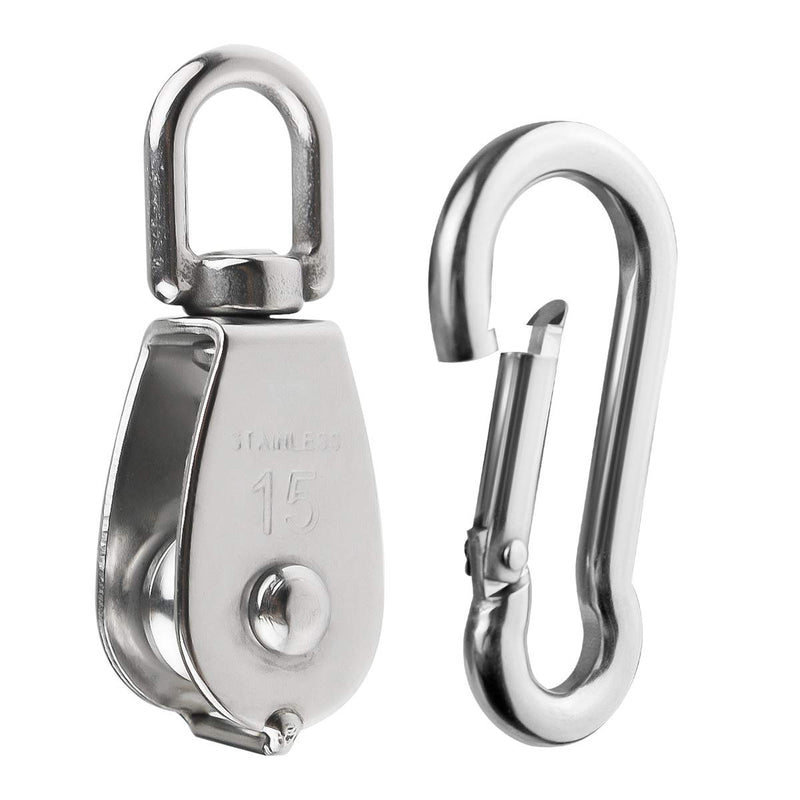  [AUSTRALIA] - BNYZWOT 5PCS Stainless Steel Single Pulley Block M15 and 5PCS Spring Snap Hook for Wire Rope Hanging Wire Towing Wheel