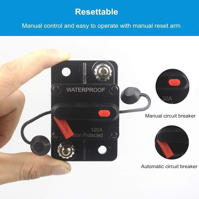 [AUSTRALIA] - WOHHOM 120 Amp Circuit Breaker with Manual Reset 12V-36V DC Waterproof Surface Mount for Car Audio Rv Marine Boat Truck Trolling Motors, 30-300A Car Speaker Resettable Fuse WF120A