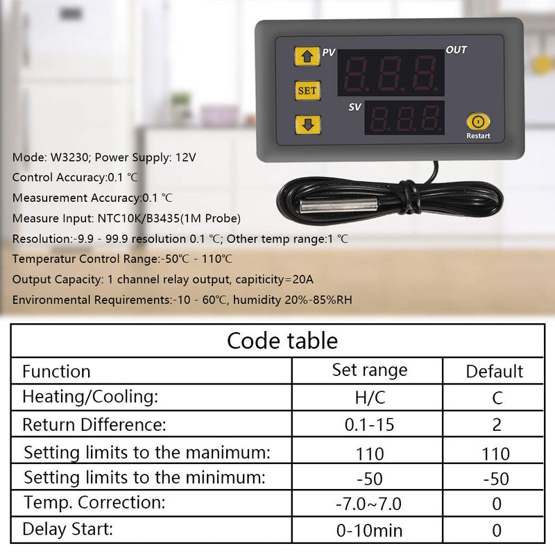  [AUSTRALIA] - W3230 DC 12V 20A LED Digital Temperature Controller Thermostat Thermometer Temperature Control Switch Sensor Meter（DV12V））
