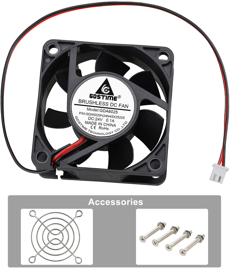  [AUSTRALIA] - GDSTIME 60mm x 60mm x 25mm 6cm 2 Wire Dc 24v Brushless Cooling Fan