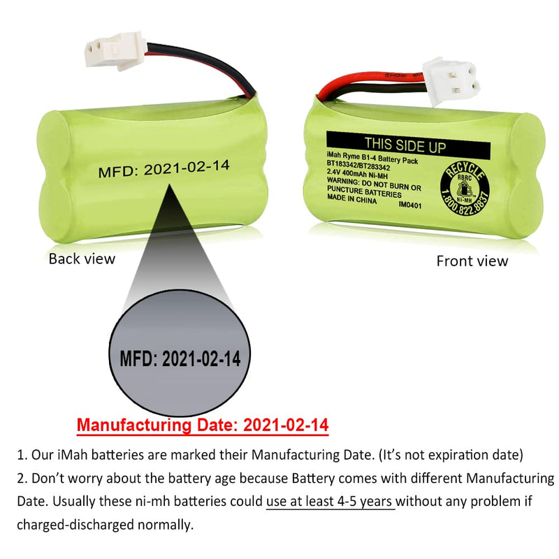  [AUSTRALIA] - iMah BT183342/BT283342 2.4V 400mAh Ni-MH Battery Pack, Also Compatible with AT&T VTech Cordless Phone Batteries BT166342/BT266342 BT162342/BT262342 2SN-AAA40H-S-X2, Pack of 2