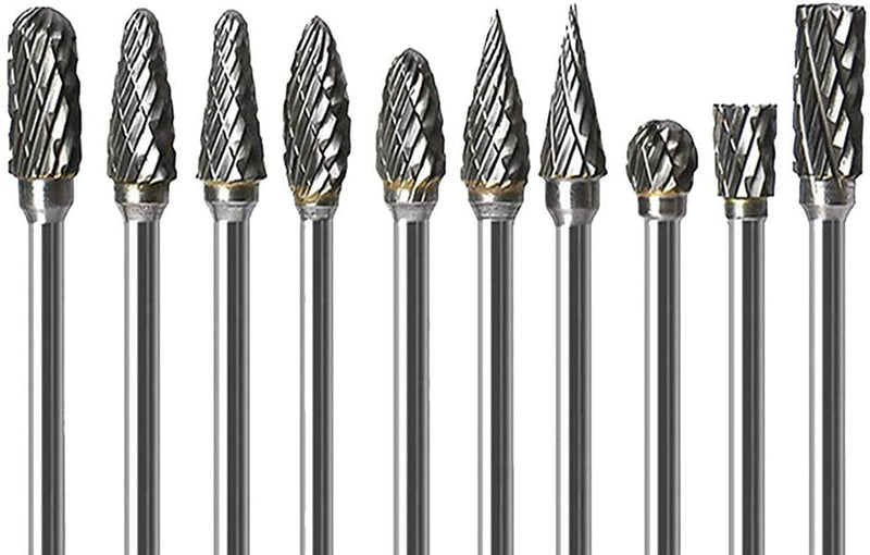  [AUSTRALIA] - Double Cut Tungsten Carbide Burr Set for Rotary Tool, 10Pcs Rotary Carving Bits with 1/8” Shank and 1/4” Grinding Head for DIY, Woodworking, Engraving, Metal Carving, Drilling, Polishing