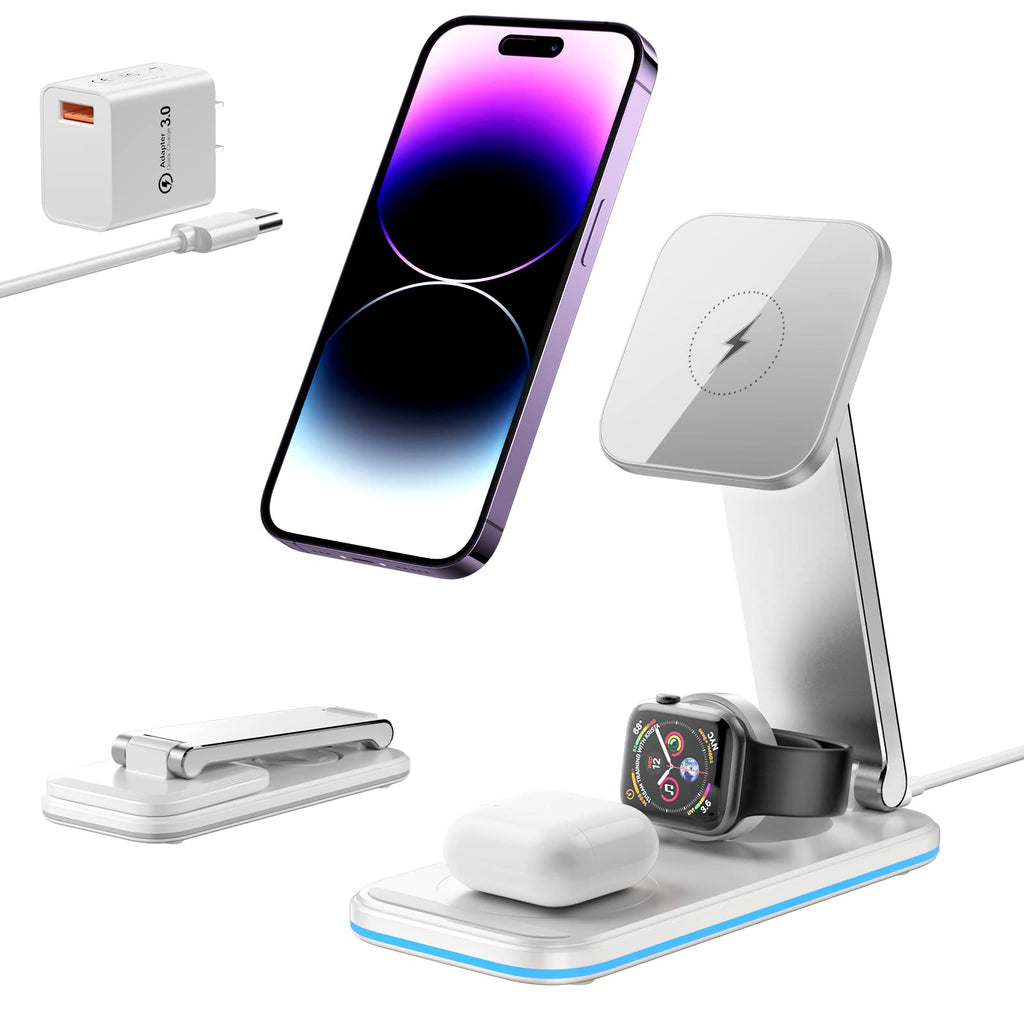  [AUSTRALIA] - Aluminum Alloy Mag-Safe Wireless Charger, BOCLOUD Foldable 3 in 1 Wireless Charging Station Portable Fast Charger Stand for iPhone 14,13,12 Pro Max/Pro/Mini, iWatch 8/SE2/7/6/SE/5/4/3/2, AirPods charger with adapter