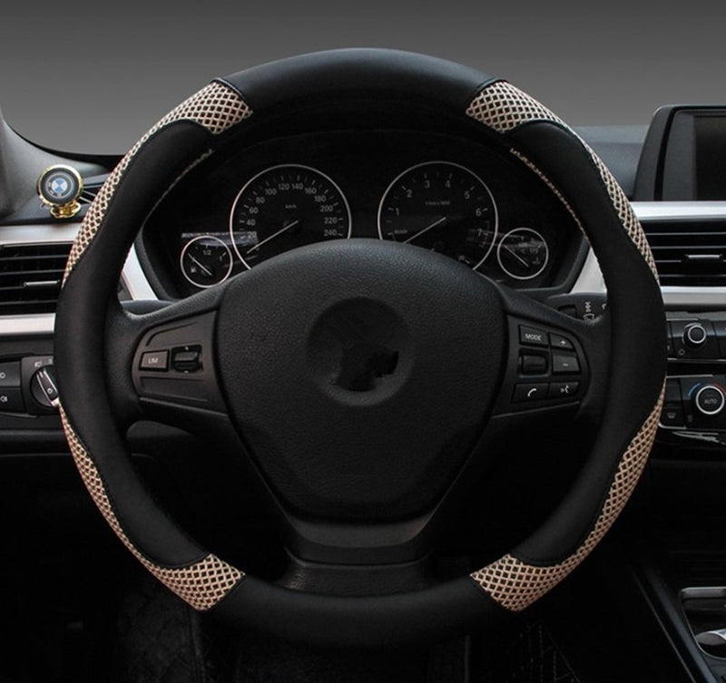  [AUSTRALIA] - Dee-Type Beige & Black Car Steering Wheel Covers Universal 15 Inch White