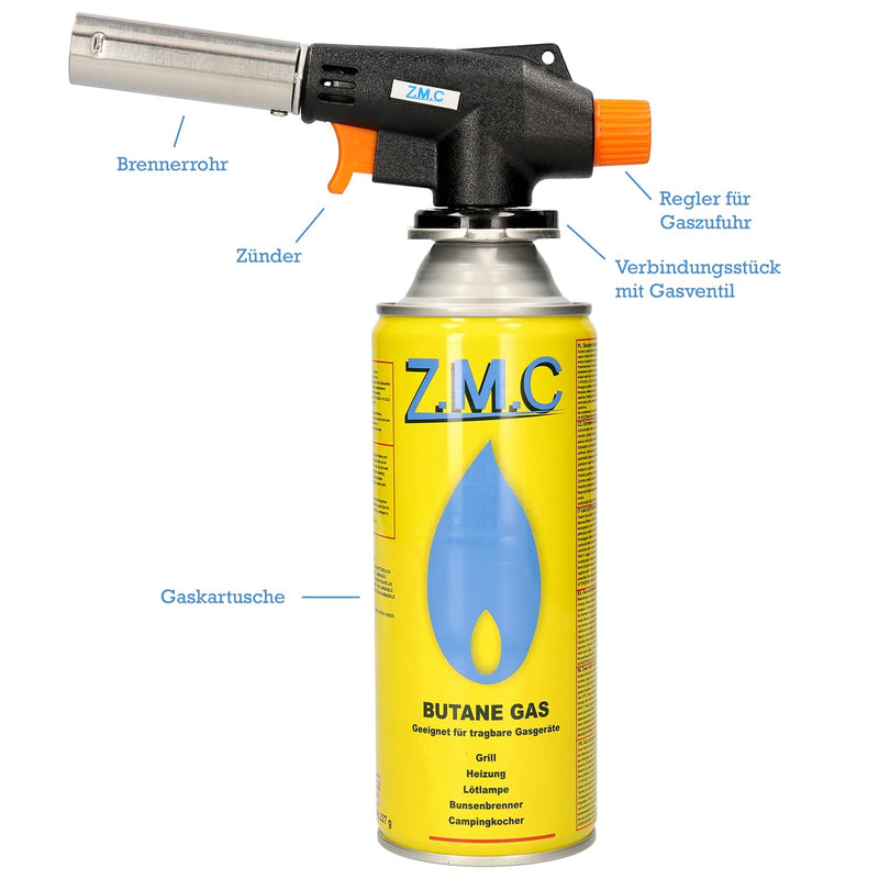  [AUSTRALIA] - ZMC gas burner + 8x gas cartridges 227g, flame burner up to 1300°C, Bunsen burner 1.3kW, soldering burner, kitchen burner with adjustable flame, blowtorch burner attachment, gas burner, gas lighter with 8x gas