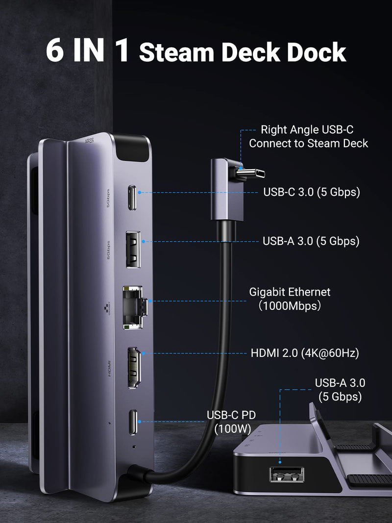  [AUSTRALIA] - UGREEN Steam Deck Dock, 6-in-1 USB C Docking Station with 4K@60Hz HDMI, Gigabit Ethernet, PD 100W Charging 1xUSB C 2X USB 3.0 Steam Deck Stand Compatible with Steam Deck Rog Ally