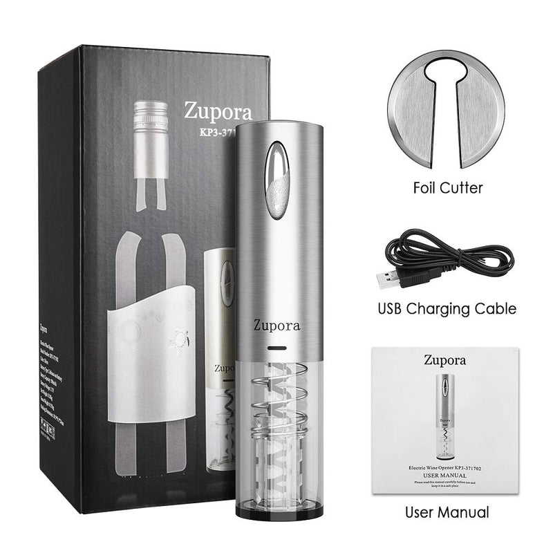Electric Wine Opener, Zupora Rechargeable Cordless Automatic Corkscrew Wine Bottle Opener with Foil Cutter (Stainless Steel), USB Cable Charging, Refined Silver - LeoForward Australia