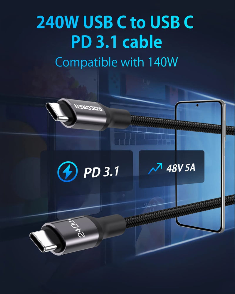  [AUSTRALIA] - Rocoren 240W PD3.1/QC5.0 USB C to USB C Cable 10ft, Compatible with 140W 100W Fast Charging, 480 Mbps Data Transfer, Compatible with MacBook Pro/Air, iPad Pro/Air, Samsung Galaxy S23/22/21, Laptops 3M