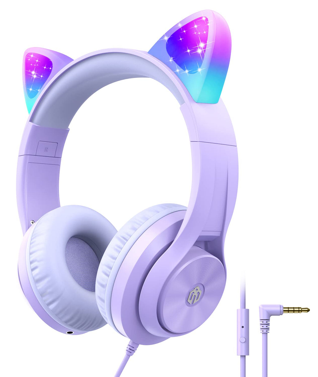  [AUSTRALIA] - Cat Ear Led Light Up Kids Headphones with Microphone, iClever Mewow Wired Headphones -Shareport- 94dB Volume Limited, Foldable Over-Ear Headphones for Kids/School/iPad/Tablet/Travel (Purple) Purple Medium
